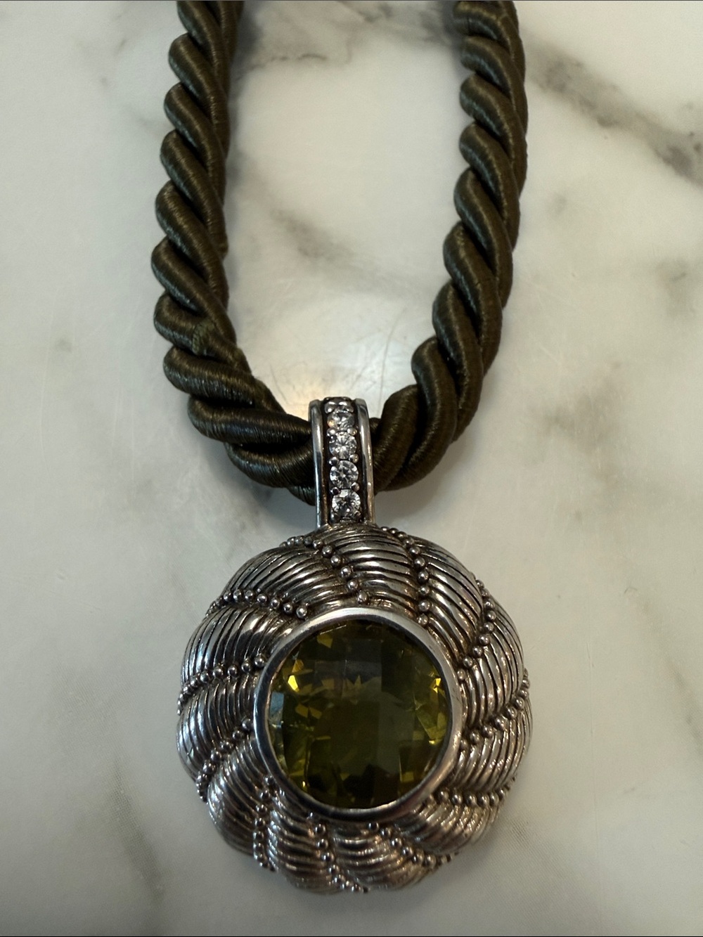 Judith Ripka silver and citrine necklace with silk cord